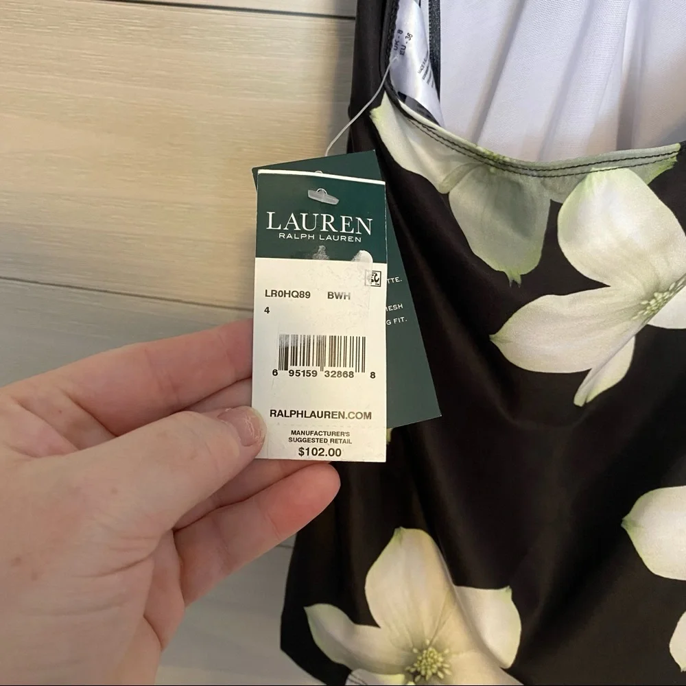 Lauren Ralph Lauren BLACK/WHITE Villa Floral Halter Tankini Top sz 6